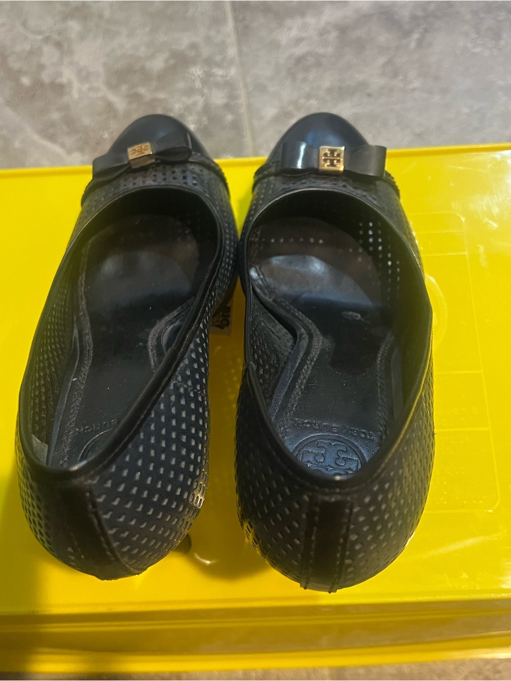 Tory Burch Black Perforated Leather Ballet Flats with Gold Logo